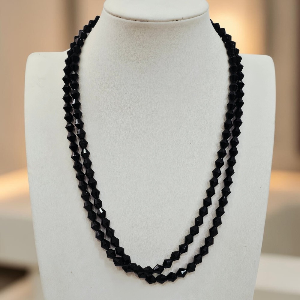 Vtg Jet Black Faceted Glass Beaded Double Strand Necklace Sterling Silver Clasp